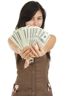 Pretty woman happy with lots of money clipart
