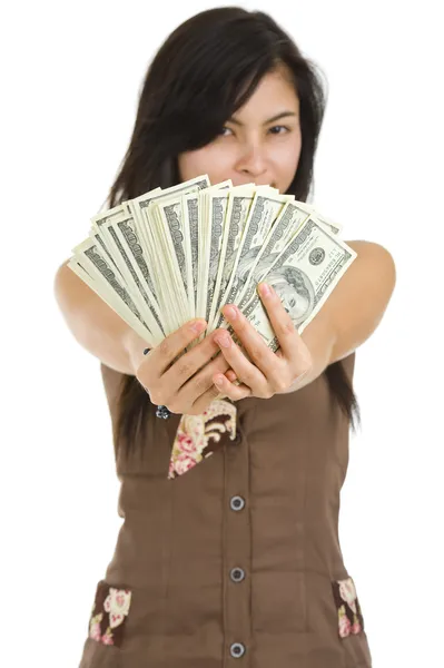 Pretty woman happy with lots of money — Stock Photo, Image