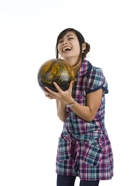 Bella donna con palla da bowling — Foto Stock