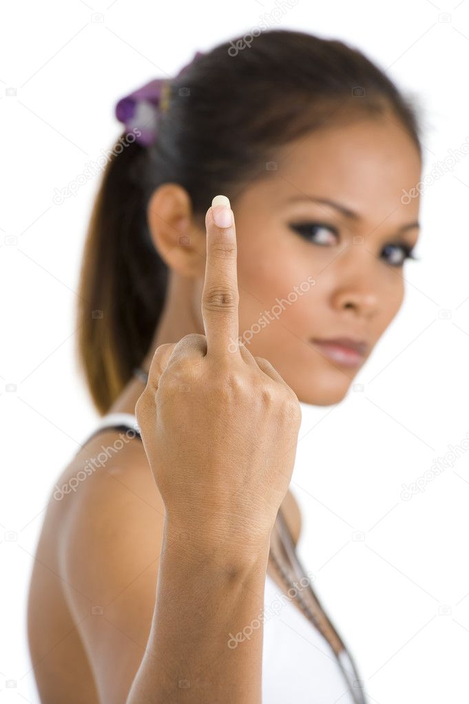 Pretty woman showing middle finger