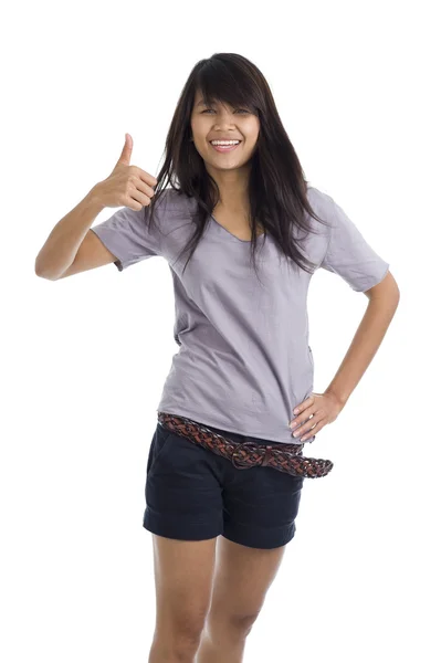Pretty young woman with one thumb up — Stock Photo, Image