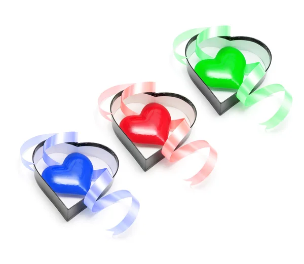 Símbolos do coração em caixas de presente — Fotografia de Stock