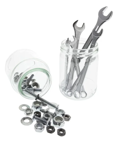 Spaners, Nuts and Bolts in Glass Jar — Stock Photo, Image