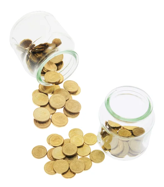 Glazen potten met munten — Stockfoto