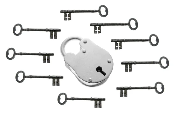 Cadeado antigo e chaves de esqueleto — Fotografia de Stock