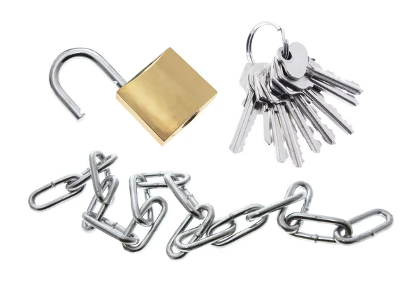 Klíče, visací zámek a řetěz — Stock fotografie