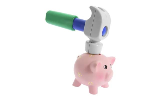 Banco Piggy miniatura e martelo de brinquedo — Fotografia de Stock