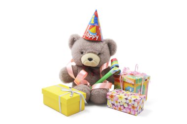 Teddy Bear with Party Favors and Gift Boxes clipart