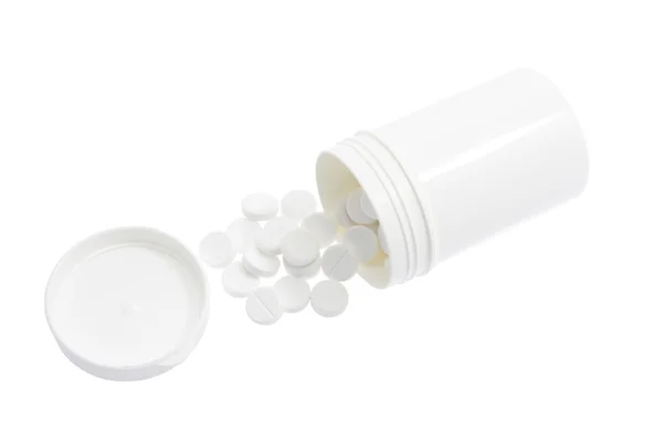 Tabletki w plastikowym, zamykanym pojemniku — Zdjęcie stockowe