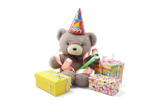 Medvídek s dárečky a dárkové krabice — Stock fotografie