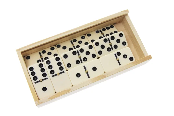 Domino w drewniane pudełko — Zdjęcie stockowe
