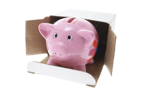 Piggybank a kartondobozban — Stock Fotó