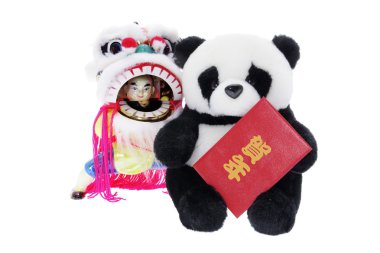 yumuşak oyuncak panda ve lion dance heykelcik