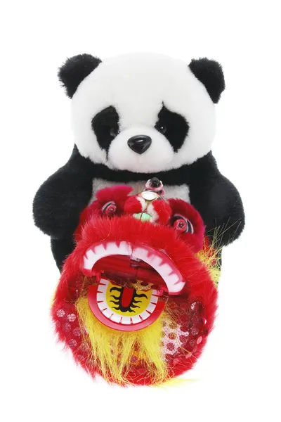 Morbido giocattolo panda e leone danza figurina — Foto Stock