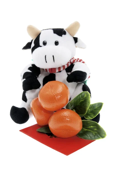 Puha játék tehén és mandarin dísz — Stock Fotó