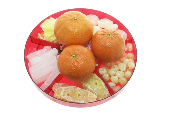 Mandarins and Chinese New Year Delicacies — Stock Photo, Image