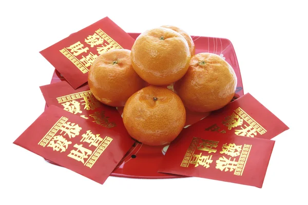 Mandarines and Chinese New Year Red Packets — Stock Photo, Image