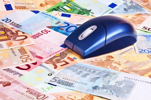 ユーロ紙幣の上のコンピューターのマウス. — ストック写真