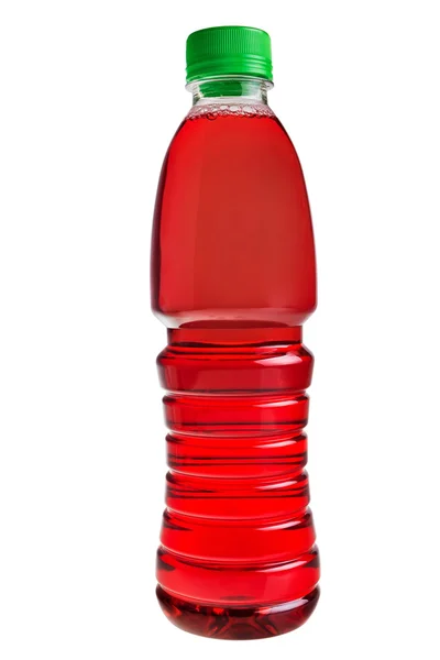 Plastikflasche mit rotem Saft. Stockfoto
