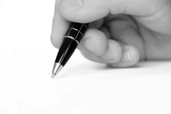 Mão de homem, escrevendo em papel branco — Fotografia de Stock