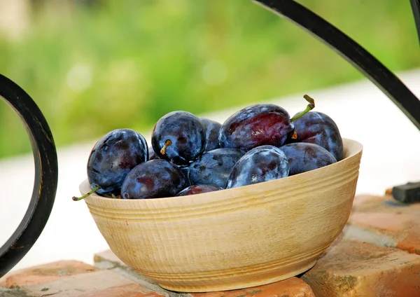 Plums wooden bowl — Stock Photo, Image