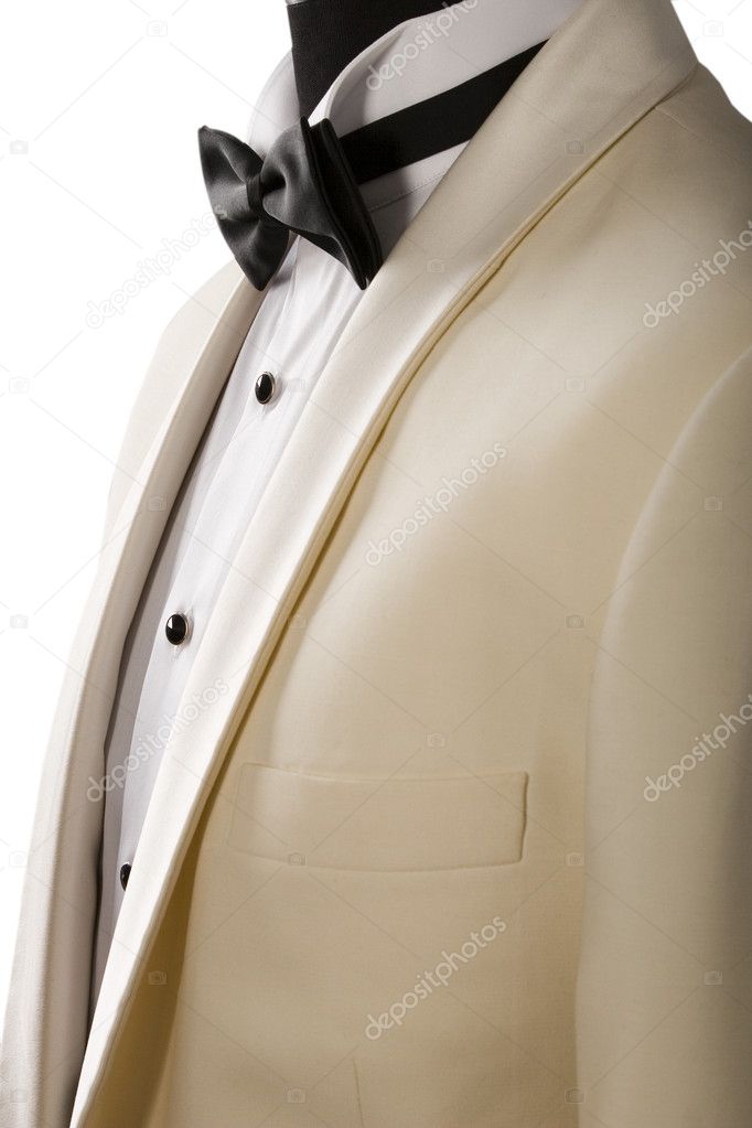 Ceremony beige tuxedo, white shirt and black bow