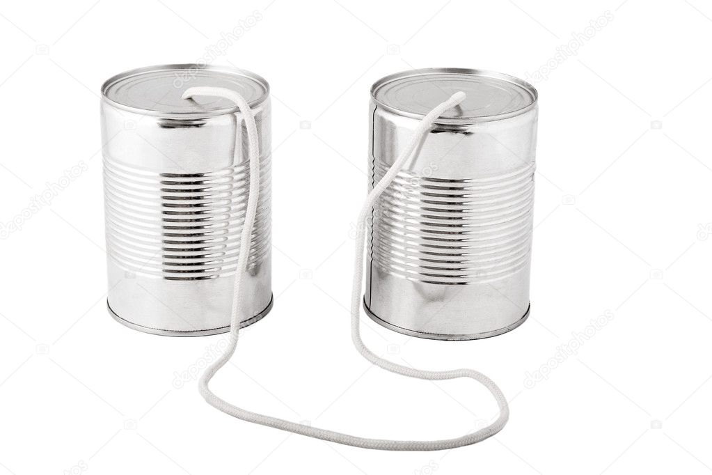 Tin cans connected by string, business communication concept