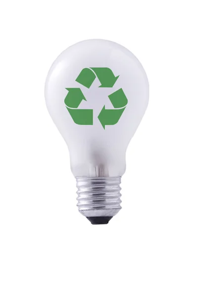 BULB LIGHTS and green recycling sign — Stock Photo, Image