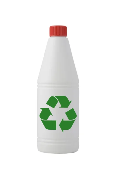 Bouteille blanche, avec panneau de recyclage — Photo