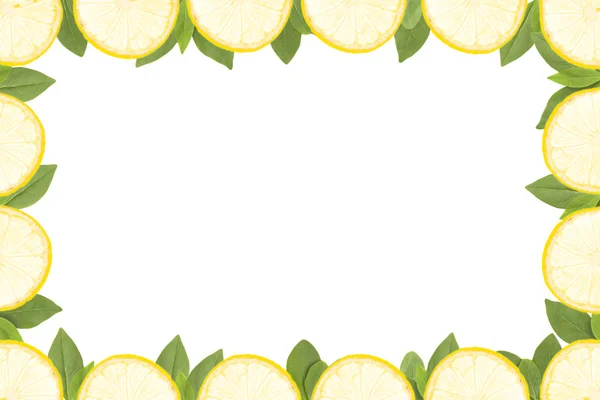 Рамка из ломтиков желтых лимонов и зеленых листьев — стоковое фото