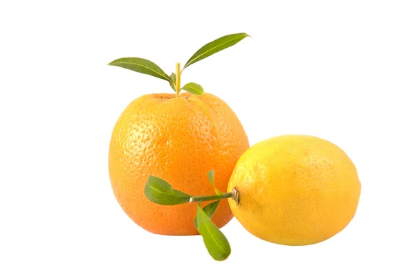 Limão fresco e laranja com folhas — Fotografia de Stock