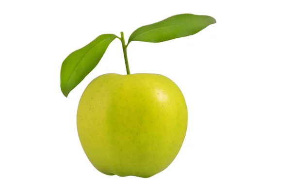 Świeże zielone jabłko z liśćmi — Zdjęcie stockowe