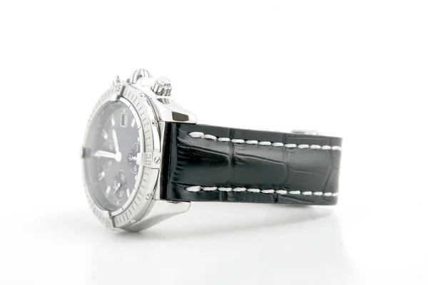 Luxury watch, black leather and white gold — Stock Photo, Image