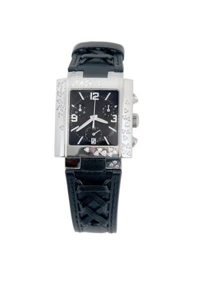 Black leather and white gold watch — Stock Photo, Image