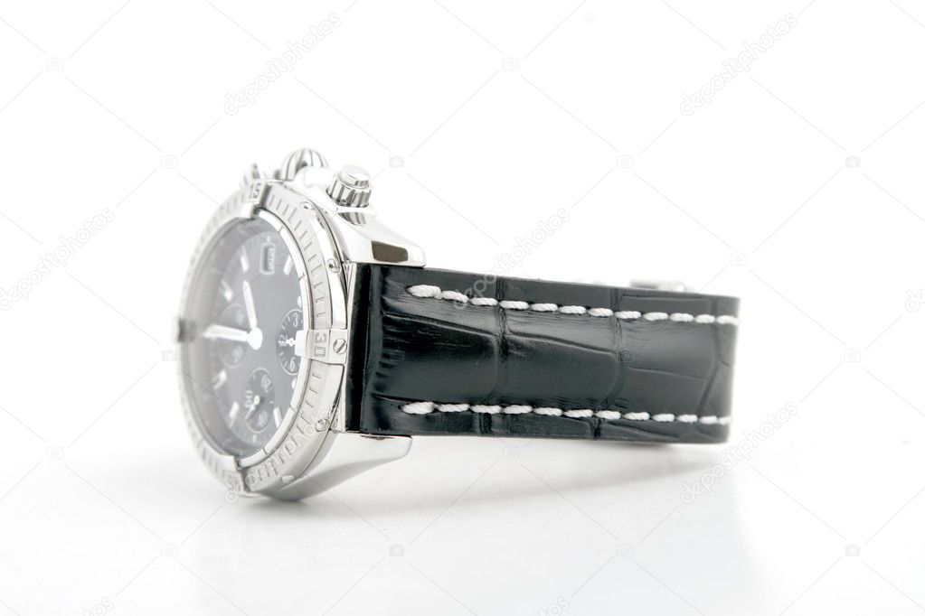 Luxury watch, black leather and white gold