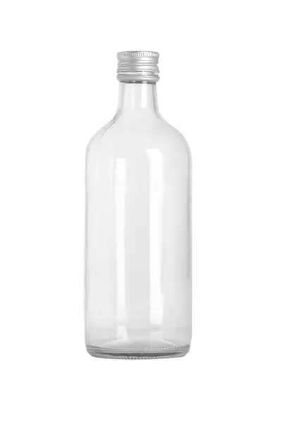Vista frontale della bottiglia di vetro trasparente — Foto Stock