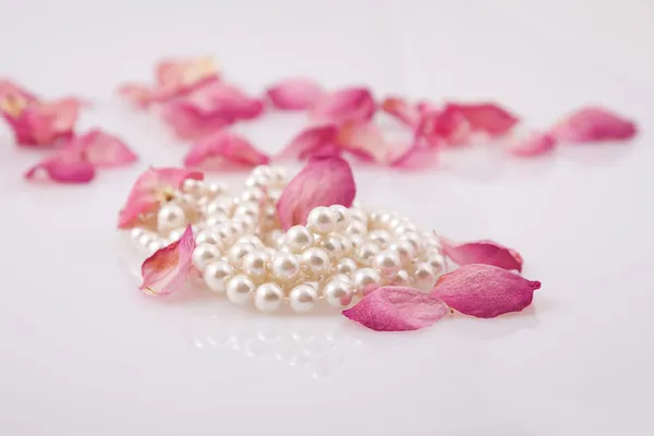 Pearl beads and red roses petals — Stock Photo, Image