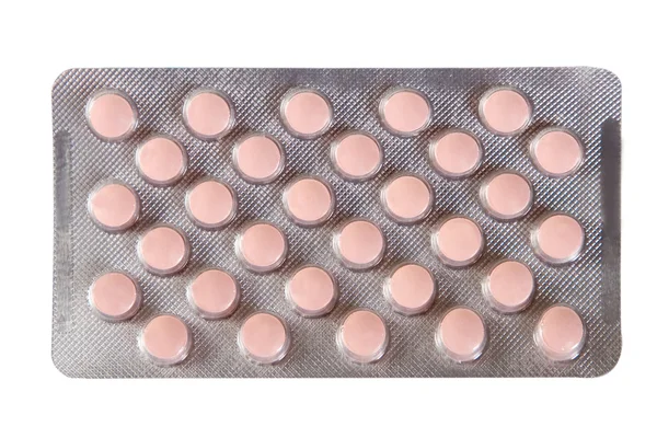 Różowe tabletki, leki typu blister — Zdjęcie stockowe