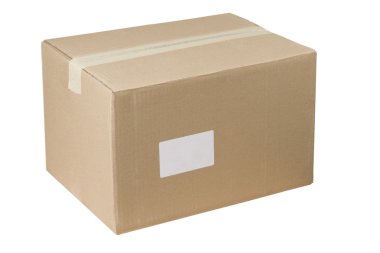 Closed shipping cardboard box whit white empty label clipart