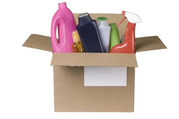 Cleaning products in cardboard box — Zdjęcie stockowe