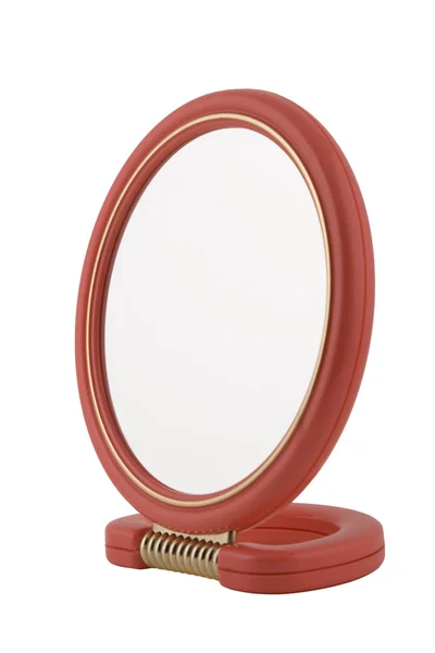 Kozmetikai tükör, piros keret és füllel — Stock Fotó