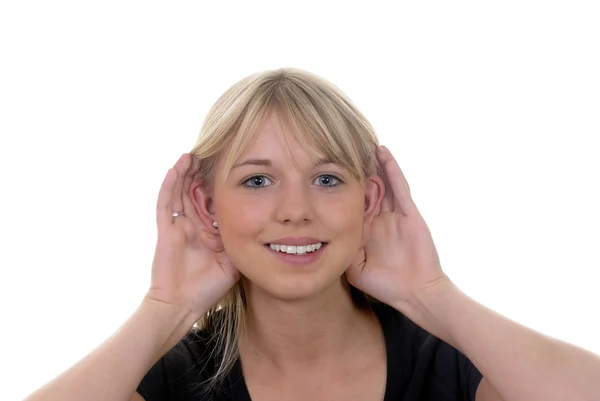 Mujer joven escucha — Foto de Stock