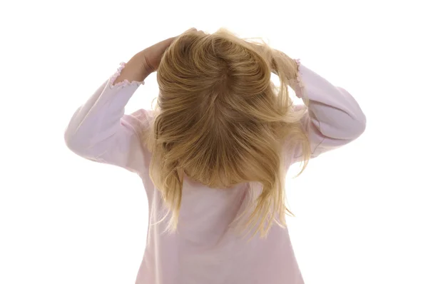 Dívka načepýřeným jeho vlasy — Stock fotografie