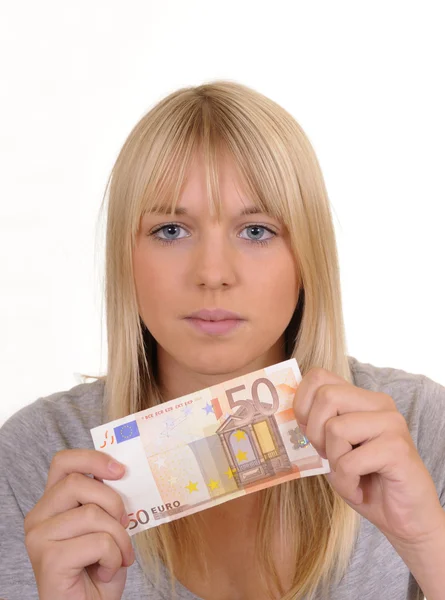 Woman with fifty Euro — Stock Photo, Image