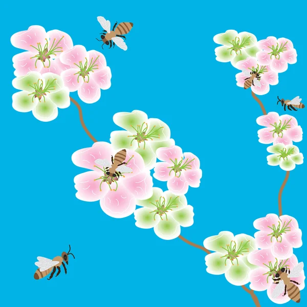 春天的花朵和蜜蜂 — 图库矢量图片