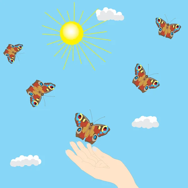 Schmetterling am Himmel und Hand — Stockvektor