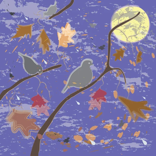 Escena otoñal con pájaros, cielo y hojas — Vector de stock