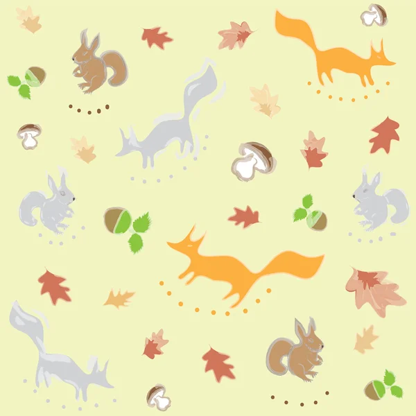 Varrat nélküli mintát a fox, levelek, dió, gomba — Stock Vector