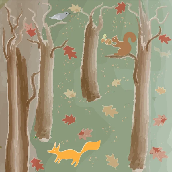 Fantastické podzimního lesa se zvířaty — Stockový vektor