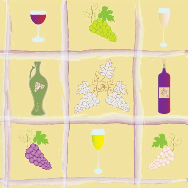 无缝模式与葡萄、 瓶、 杯、 陶瓶 — 图库矢量图片